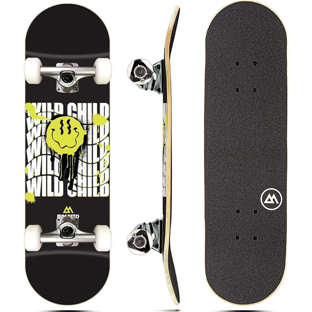 Magneto Maple Wood Complete Skateboard - Quality Skateboard for Kids - Wide Deck for Adult Men - Kids 27.5in x 7.75in, Wild Child